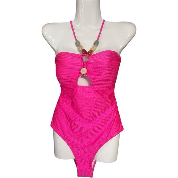 Vibrant Pink One-Piece Swimsuit Set with Wrap Skirt - Picture 7 of 9